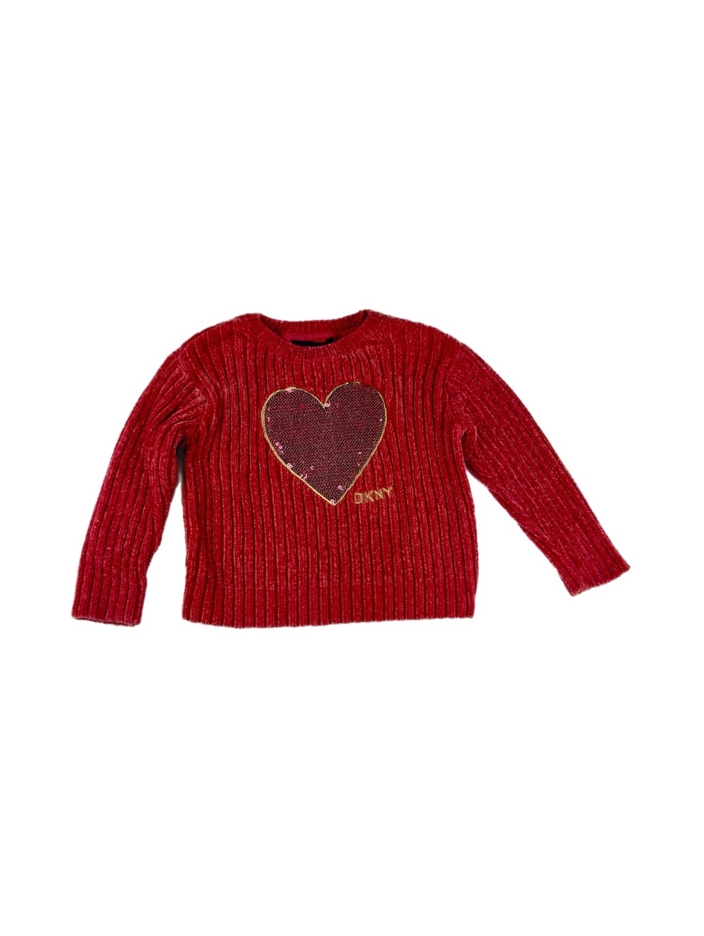DKNY Girls 3T Red Chenille Sweater Sequin Heart Ribbed Pullover